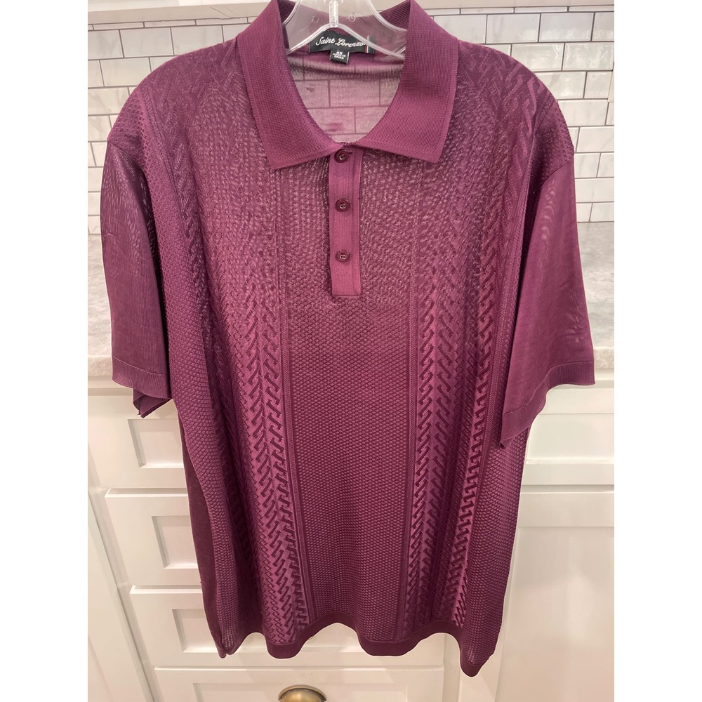 Saint Lorenzo Polo Shirt Mens 3X Burgundy Knit Short Sleeve Textured Geometric